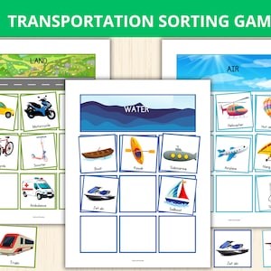 Atividade de classificação de transporte, cartões de classificação de veículos, classificação de transporte terrestre, aquático e aéreo, cartões de classificação de veículos, tapete de classificação de transporte pré-escolar