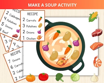 make a soup activity,soup recipe game,Let's Make Soup,preschool cooking,pretend cooking ,vegetable matching,recipe cards printable,food sort