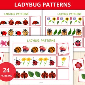 May include: Educational printables featuring ladybug patterns. The image displays several sheets with ladybug illustrations, flowers, and leaves. The text "LADYBUG PATTERNS" is at the top of each sheet. A red circle with the number "24" and the word "PATTERNS" is also visible.