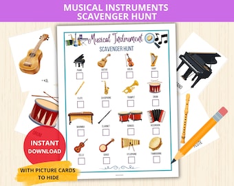 Búsqueda del tesoro de instrumentos musicales, búsqueda del tesoro musical, actividad musical para niños, juego musical para jardín de infantes, música preescolar, juego de aprendizaje musical