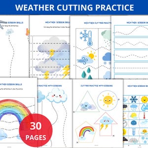 May include: A set of 30 printable worksheets for kids to practice cutting skills. The worksheets feature weather-themed images like clouds, rainbows, sun, rain, and snow. Each page has dotted lines for children to cut along.