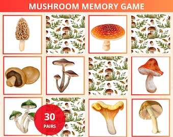 May include: A mushroom-themed memory game featuring watercolor illustrations of various mushrooms. The game includes 30 pairs of cards, each displaying a different mushroom or pattern. The top of the image reads "Mushroom Memory Game".