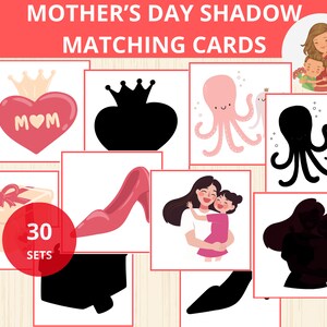 Ombres assorties pour la fête des mères, cartes mémoires pour la fête des mères, activités pour les mères, fête des mères d'âge préscolaire, ombres assorties, montessori, imprimables, jardin d'enfants