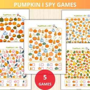 Puede incluir: Cinco juegos imprimibles de « Veo, veo » con temática de calabaza. Cada juego presenta una página con una cuadrícula de calabazas y calabacines de varios colores y patrones. El jugador debe encontrar las calabazas específicas que se indican en la página.