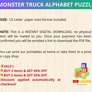 May include: A digital download image for a Monster Truck Alphabet Puzzle. The image includes text about the product, including the size, and that it is a digital download. A small graphic of alphabet blocks and a pencil is in the bottom right corner.