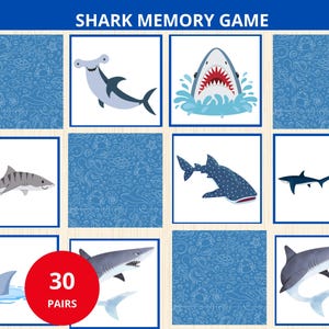 May include: A memory game featuring shark illustrations, with 30 pairs. The game includes images of different shark species, such as hammerhead and great white sharks. The card backgrounds have a blue marine life pattern.