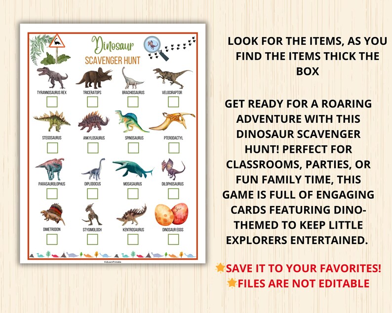 Get ready for a roaring adventure with this Dinosaur Scavenger Hunt! Perfect for classrooms, parties, or fun family time, this game is full of engaging cards featuring dino-themed to keep little explorers entertained.