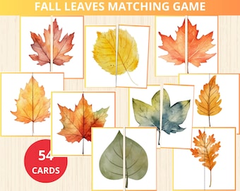 May include: A set of 54 cards featuring watercolor illustrations of fall leaves, each cut in half. The cards are designed for a matching game.