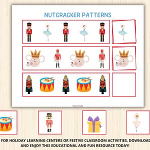 Pu&ograve; includere: Un foglio stampabile intitolato "Nutcracker Patterns" presenta file di illustrazioni, tra cui schiaccianoci, ballerine, topi e tamburi. Il foglio &egrave; progettato per centri di apprendimento e attivit&agrave; in classe. Il testo incoraggia il download, la stampa e il divertimento.