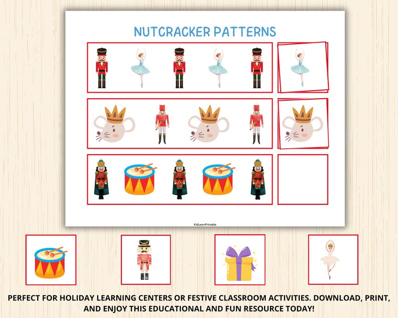 Pu&ograve; includere: Un foglio stampabile intitolato "Nutcracker Patterns" presenta file di illustrazioni, tra cui schiaccianoci, ballerine, topi e tamburi. Il foglio &egrave; progettato per centri di apprendimento e attivit&agrave; in classe. Il testo incoraggia il download, la stampa e il divertimento.