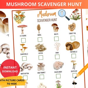 Könnte beinhalten: Ein druckbares Pilz-Schnitzeljagd-Spiel mit Illustrationen verschiedener Pilzarten, darunter Fliegenpilz und Morchel. Das Spiel enthält Kontrollkästchen und den Text "Mushroom Scavenger Hunt". Ein Bleistift befindet sich in der unteren rechten Ecke.