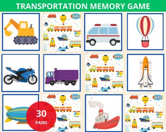 Transportation Memory Game,vehicle matching game,preschool transportation,truck matching cards,transportation party games,vehicle flashcards