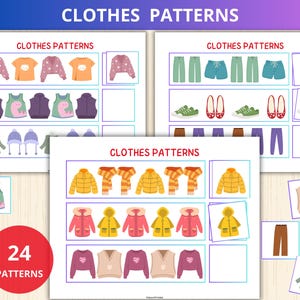 May include: A printable worksheet with 24 clothing patterns for kids. The worksheet features various clothing items like shirts, pants, shoes, hats, and vests. The patterns are simple and easy to follow, making it a fun and engaging activity for young learners.