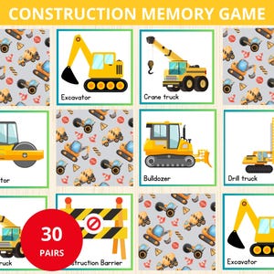Juego de memoria de construcción, actividad de emparejamiento de vehículos de construcción, juego de cartas de memoria, juego de vehículos para preescolar, actividad de emparejamiento, actividad para niños pequeños