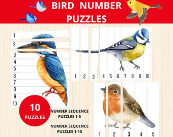 Birds puzzle, birds number sequence puzzle,montessori spring math,spring activity,kindergarten,preschool puzzle,birds activity,scissor skill