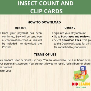 Puede incluir: Un recurso educativo imprimible titulado "INSECT COUNT AND CLIP CARDS". La imagen incluye instrucciones sobre c&oacute;mo descargar el archivo PDF despu&eacute;s de la compra. Los t&eacute;rminos de uso establecen que el producto es solo para uso personal. Un colorido logotipo de "KID LEARN PRINTABLE" en la parte inferior.