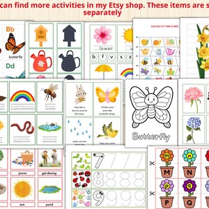 Op de afbeelding: Educatieve flashcards met illustraties van insecten, dieren en bloemen. De kaarten bevatten woorden als "mier", "vlinder" en "regenboog", samen met cijfers en letters. De tekst "Butterfly" is ook zichtbaar.