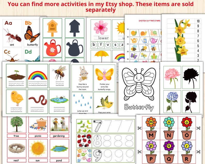 Op de afbeelding: Educatieve flashcards met illustraties van insecten, dieren en bloemen. De kaarten bevatten woorden als "mier", "vlinder" en "regenboog", samen met cijfers en letters. De tekst "Butterfly" is ook zichtbaar.