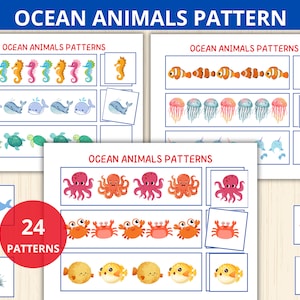 Patrones de animales marinos, qué viene a continuación, habilidades con las tijeras, animales marinos montessori, jardín de infantes, bajo el mar, niño pequeño, patrón preescolar, secuencia
