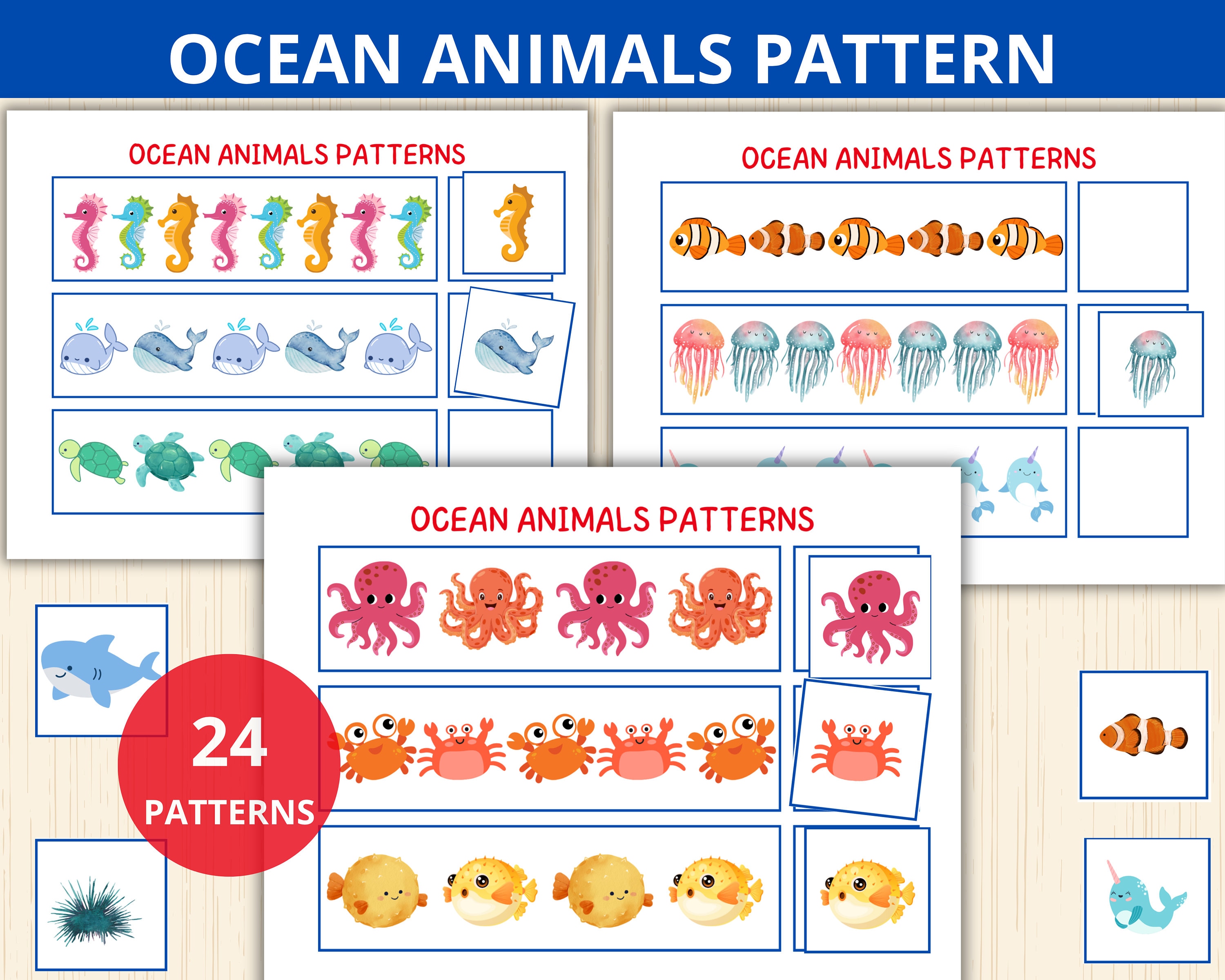 ocean animals Patterns,what comes next,scissors skills,sea animals montessori, Kindergarten,under the sea,Toddler,Preschool Pattern,sequence