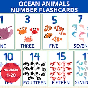 Tarjetas de memoria del océano con números del 1 al 10, tarjetas con números de animales marinos, tarjetas de memoria de animales marinos, tarjetas de memoria de animales del océano, animales bajo el mar, tarjetas de conteo