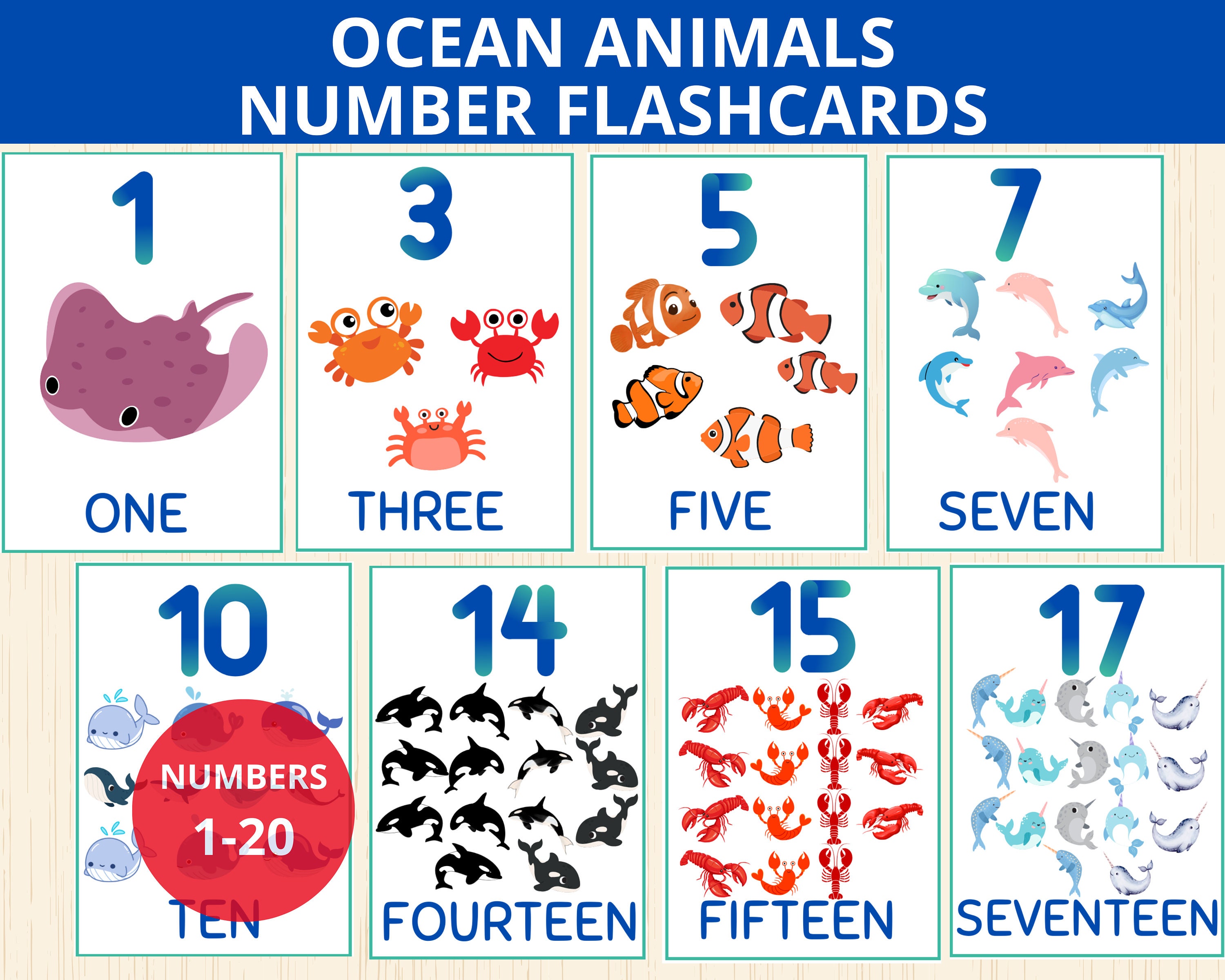 Ocean Number 1-10 Flashcards,sea Animals Number Cards,sea