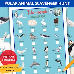 May include: A blue printable polar animal scavenger hunt game with illustrations of arctic animals. The game includes a checklist with squares to mark off each animal found, and the text "Polar Animal Scavenger Hunt". A pencil is included.