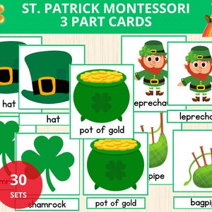 Puede incluir: Un conjunto de tarjetas Montessori de 3 partes del Día de San Patricio. Las tarjetas presentan un sombrero verde, una olla de oro, duendes, tréboles y gaitas. El texto en las tarjetas incluye las palabras "sombrero", "olla de oro", "duende", "trébol" y "gaita".