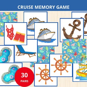 May include: A cruise-themed memory game with 30 pairs of cards. The cards feature illustrations of cruise ships, anchors, swimsuits, pool, and other summer-related images. The game's title, "CRUISE MEMORY GAME," is displayed at the top.