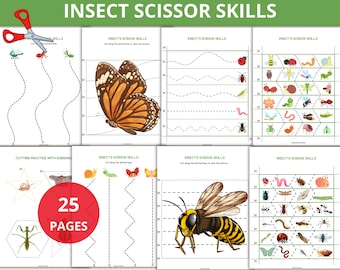 Práctica de corte de primavera, tiras de tijeras con insectos, práctica de habilidades con tijeras, líneas de corte, temática de insectos, habilidades motoras finas, centros preescolares de insectos