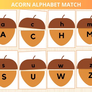 Coincidencia del alfabeto de bellota, letras preescolares, juego de correspondencia del alfabeto, reconocimiento de letras, alfabeto de otoño, juego de correspondencia ABC, letras mayúsculas y minúsculas