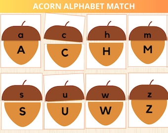 Juego de emparejamiento de bellotas, letras preescolares, juego de emparejamiento de letras, reconocimiento de letras, alfabeto de otoño, juego de emparejamiento ABC, letras mayúsculas y minúsculas