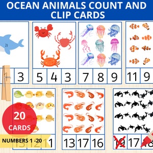 Tarjetas para contar y recortar animales del océano, números del 1 al 20, tarjetas didácticas de animales del océano Montessori, tarjetas de animales marinos, animales bajo el mar, tarjetas didácticas de conteo