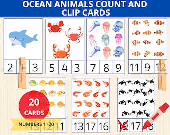 Ocean animal count and clip cards,numbers 1-20,ocean animals flashcards Montessori,sea animals cards,under the sea animal,counting flashcard