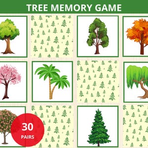 Juego de memoria de árboles, juego de emparejamiento de árboles, estudio de la unidad de árboles, juego de memoria de la naturaleza, preescolar de naturaleza, tarjeta didáctica de árboles, juego de memoria de primavera, actividad de naturaleza