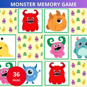 Juego de memoria de monstruos para niños, divertida actividad de emparejamiento de monstruos, juego de cartas de memoria, juego de monstruos para preescolar, actividad de emparejamiento, actividades para niños pequeños