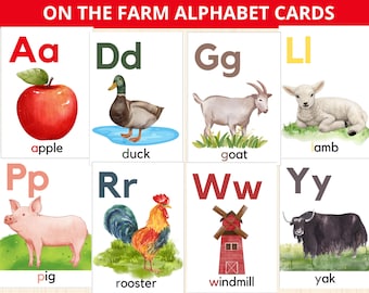 May include: A set of alphabet flashcards with farm animal illustrations. Each card features a letter and a corresponding animal, including an apple, duck, goat, lamb, pig, rooster, windmill, and yak. The text "ON THE FARM ALPHABET CARDS" is at the top.