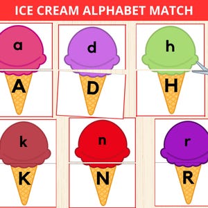 Juego de emparejamiento de letras de helado, letras preescolares, juego de emparejamiento de letras, reconocimiento de letras, alfabeto de verano, juego de emparejamiento ABC, letras minúsculas