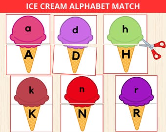 Juego de emparejamiento de letras de helado, letras preescolares, juego de emparejamiento de letras, reconocimiento de letras, alfabeto de verano, juego de emparejamiento ABC, letras minúsculas