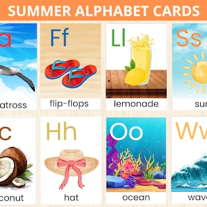 Zomeralfabetkaarten, zomerflashcards, zomermontessori, educatieve flitskaarten, alfabet-flitskaarten, ABC-flashcards, kleuterschool, nomenclatuur