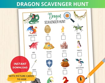 Dragon Scavenger Hunt,Dragon party game,Fairy tale Party Game,dragon Birthday Party,dragon treasure hunt,mythical adventure game,dragon fire