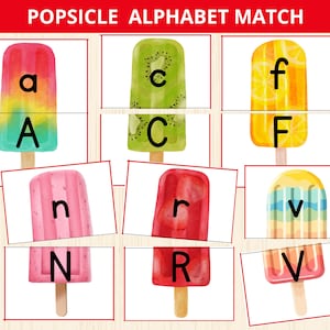 Alfabeto de paletas, alfabeto de helados, actividad preescolar de verano, rompecabezas del alfabeto de paletas, letras preescolares, reconocimiento de letras