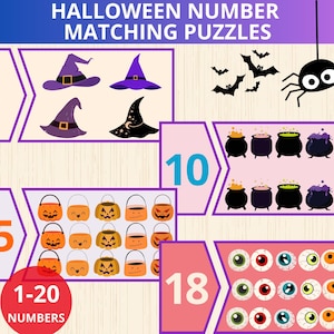 Tarjetas de números de Halloween, tarjeta de conteo de Halloween, combinación de números de Halloween, rompecabezas de Halloween, rompecabezas de números, rompecabezas de matemáticas, números del 1 al 20, habilidades matemáticas