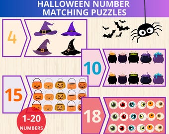 Könnte beinhalten: Halloween-Zahlen-Zuordnungsrätsel mit Hexenhüten, Kesseln, Kürbislaternen und Augäpfeln. Das Bild enthält die Zahlen 4, 10, 15 und 18, mit einem roten Kreis, der die Zahlen 1-20 anzeigt. Eine Spinne und Fledermäuse sind ebenfalls abgebildet.