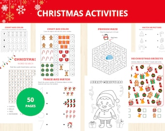 May include: A 50-page Christmas activities activity book featuring various worksheets including count and color, penguin maze, word search, trace and match, and coloring pages with illustrations of gingerbread men, gifts, and elves.