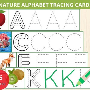 cartas do alfabeto da natureza Letras de rastreamento, cartas do alfabeto da natureza, rastreamento de letras, tiras de rastreamento, rastreamento de alfabeto de animais selvagens, pré-escola, caligrafia