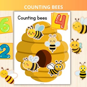 Op de afbeelding: Een kleurrijke educatieve poster getiteld "Counting Bees" toont een bijenkorf met cartoonbijen en de getallen 2, 4 en 6. De bijen zijn geel en zwart met lachende gezichten. De getallen staan op vierkante achtergronden.