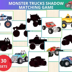 cartão de correspondência de sombra de caminhão monstro, veículos Montessori, transporte pré-escolar, atividade de transporte, jogo de sombra, atividade de veículos, carros caminhões