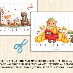 May include: Two printable number puzzles featuring autumn-themed illustrations. The first puzzle shows a brown bear, two foxes, and a squirrel. The second puzzle shows a bear holding a pumpkin, a hedgehog, and pumpkins. Both puzzles have numbers 1 through 10.