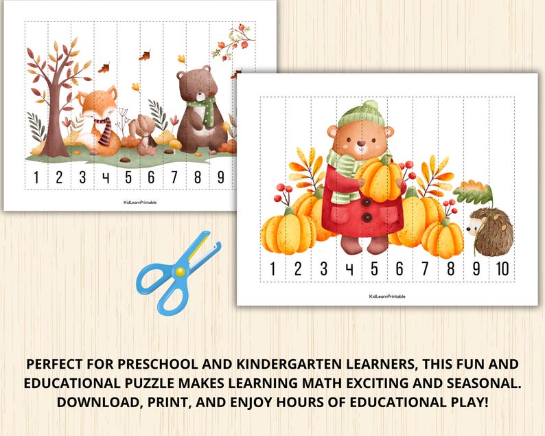 May include: Two printable number puzzles featuring autumn-themed illustrations. The first puzzle shows a brown bear, two foxes, and a squirrel. The second puzzle shows a bear holding a pumpkin, a hedgehog, and pumpkins. Both puzzles have numbers 1 through 10.